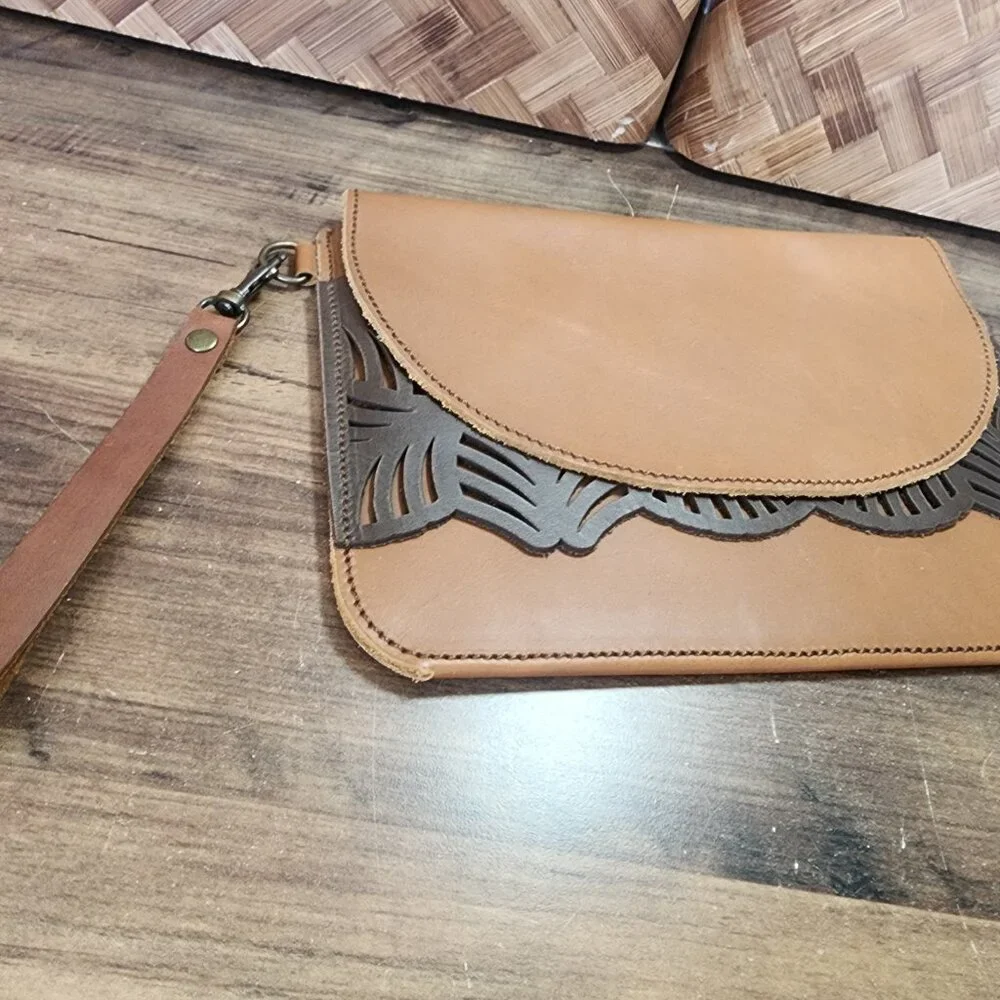 LC Fine Leather Goods Brown Leather Handbag Cutouts Unique Wristlet Clutch EUC‎